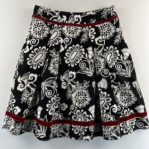 DownEast Basics Floral Print Pleated A-Line Skirt Red Velvet Trim Black White